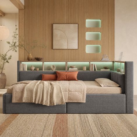 Letto a giorno 90 x 200 cm con USB, Type-C, LED e contenitore, grigio HAVRYA (1/5)