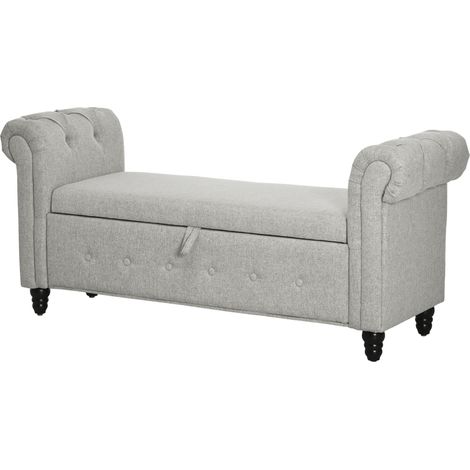 Banc banquette coffre 2 places 1 tiroir tissu aspect lin gris pieds bois 146,5 x 49 x 72 cm