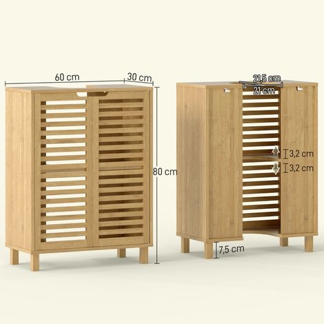 Meuble vasque salle de bain en bambou naturel, armoire avec portes lattées, étagères ajustables, rangement bois pour salle de bain (1/5)