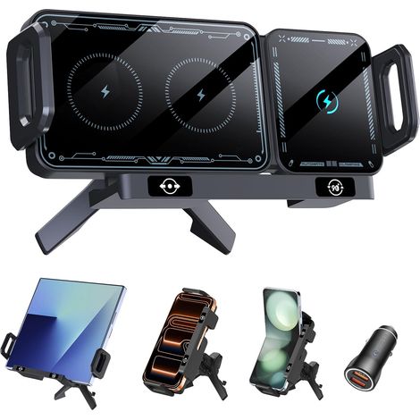Support de téléphone portable de voiture pour Galaxy Z Fold 7 6 5 4 3 2 avec fonction de charge 15 W Dual Coils QC 3.0 Fast Wireless Charger Auto pour Z Fold Support de voiture rotatif (1/5)