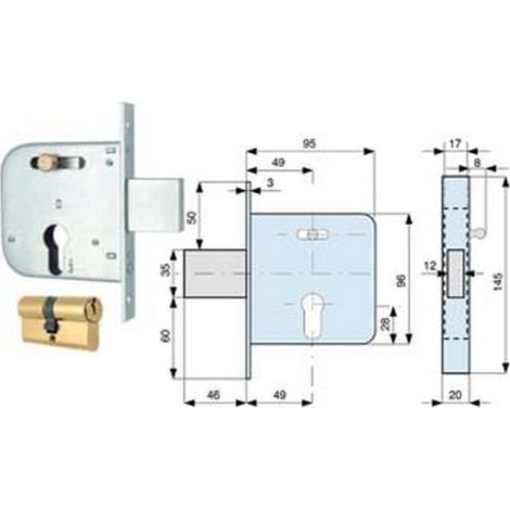 2PZ SERRATURA INFILARE CANCELLI CATENACCIO SCROCCO +QUADRO CILINDRO SAGOMATO 13