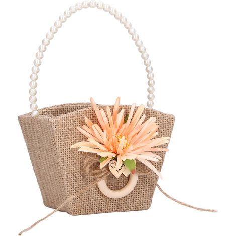Panier de Fleurs Rétro pour Demoiselle d'Honneur en Lin Léger avec Poignée Perles Élégant pour Mariage (1/5)