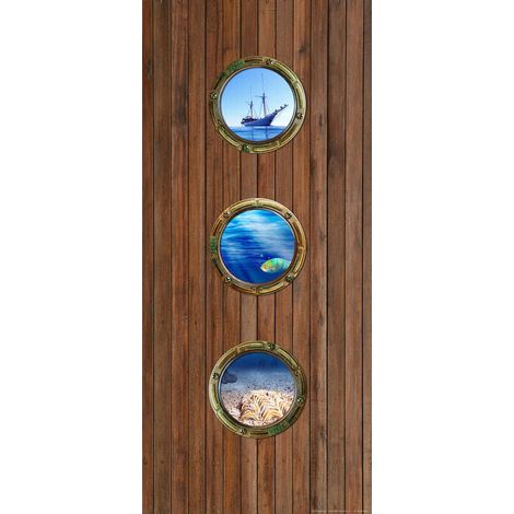 Poster porte 3 hublots marins sur fond bois 90 x 202 cm, 1 lé (1/3)
