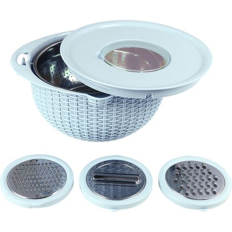 4-in-1-Sieb mit Schneidwerkzeugen, drehbarem Siebeinsatz, 2 Ebenen, Edelstahl, ergonomischem Griff, vielseitig zum Waschen von Gemüse, blau. (1/5)