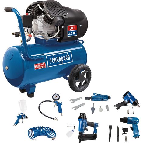 Scheppach Compresseur bicylindre HC55DC - 50L -Lubrifié - 10bar - 2200W / 3PS - 412L/min de débit d'aspiration - + Set d'accessoires pneumatiques (cloueuse, agrafeuse, ponceuse etc)
