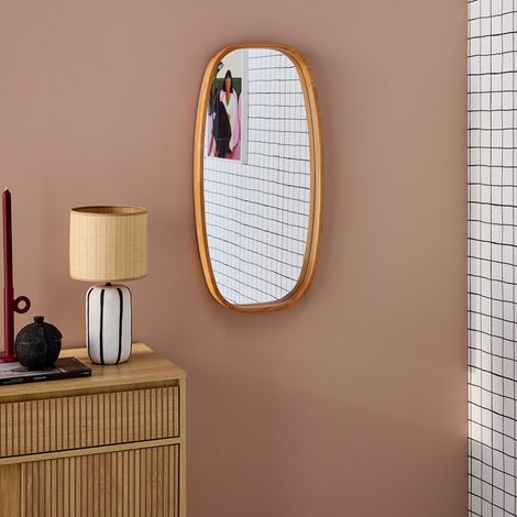 Miroir rectangulaire JAMIE en bois d'hévéa. bords arrondis. couleur bois clair. 80 cm (1/5)