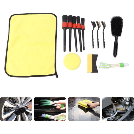 (Exclusivité Mexique) Kit de nettoyage auto 14 pièces : brosse de détail, brosse pour doublure de pneus, éponge et serviette combinées, brosse de lavage auto (1/5)
