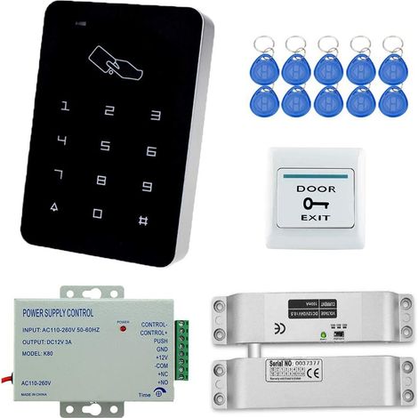 Kit Système de Contrôle Accès Complet de Clavier de contrôle d'accès RFID 125KHz avec Serrure électronique de verrou électrique de DC12V, Alimentation 3A, Bouton de Sortie, Cartes-clés ID 10pcs (1/5)