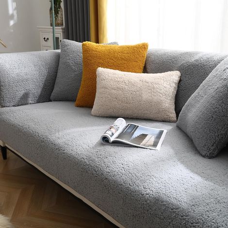 Thick L-Shaped Sofa Cover for 1/2/3/4 Seater Sofas, Protective Sofa Cover, Universal Non-Slip Faux Fur Sofa Cover for Living Room (Sherpa Grey, 45 45cm) (1/5)