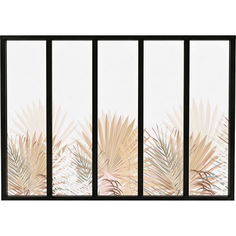 Verrière atelier intérieure aluminium noir 5 vitrages 168 x 117 cm - Décor végétal - Gaïa - beige et transparent - Verre trempé (1/5)