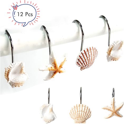12 crochets de rideau de douche décoratifs étoile de mer coquille en résine pour salle de bain et douche (1/3)