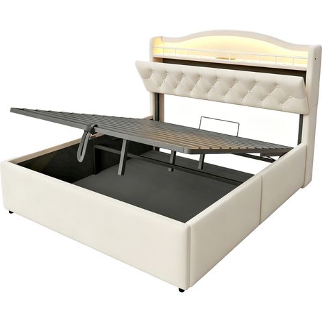 Cama tapizada 140 x 200 cm beige con arcón hidráulico, LED, USB y USB-C, terciopelo (1/5)