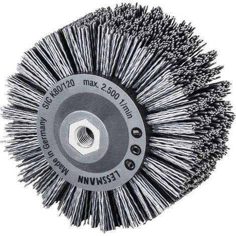 Brosse ronde M14 402880 – Poils abrasifs SiC grain 80 – Ø 140mm – Pour aluminium, inox, acier, bois – Vitesse max 2500min⁻¹ – Lessmann