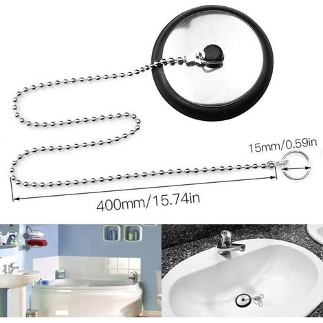 Black rubber sink and bath plug – Set of 3 with ball chain, diameters 40 / 43 / 50 mm