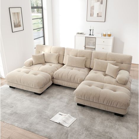 Canapé d'angle modulaire en U avec ottomans, chenille marron clair 313 x 145 x 81 cm HAVRYA (1/5)