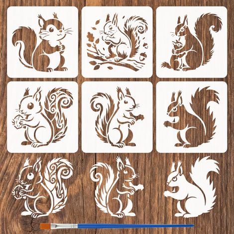 6 Pcs Pochoir Peinture Écureuil Adorable Avec Pinceau 15x15cm Pochoirs Plastique Motif Branche Feuille Noisette Pochoir Décoratif Écureuil Mignon Template Thème Animal pour Décor Murale (1/5)