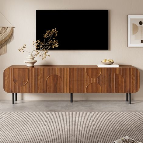 Mueble TV 180 cm nogal, 3 puertas, 2 cajones, ranuras verticales, patas de metal (1/5)