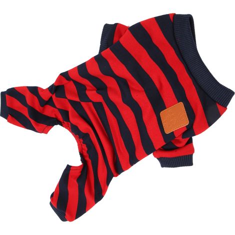 Pyjama rayé pour chien à 4 pattes, léger, doux et confortable, à la mode, rouge et bleu rayé, idéal pour la maison. Taille S. (1/5)