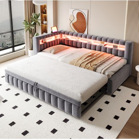 Ausziehbares Schlafsofa 90x200 cm Grau aus Samt mit LED-Beleuchtung, USB-C-Anschluss und Stauraum (1/5)