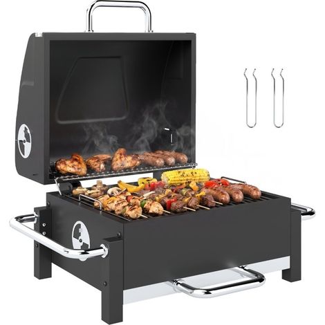 Barbecue charbon en acier portable avec fumoir, couvercle, ventilation réglable, bac à charbon double étage et thermomètre (1/5)
