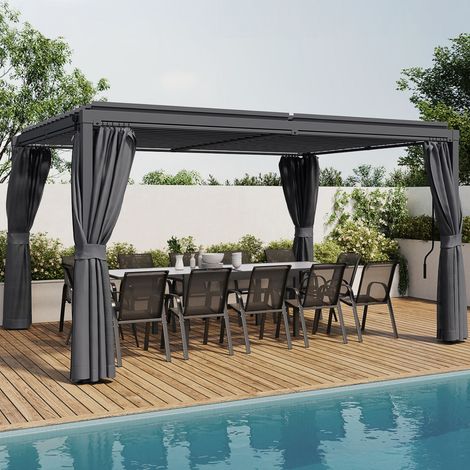 Pérgola bioclimática con lamas de acero ajustables 3x4 M, cortinas y mosquitera en gris antracita
