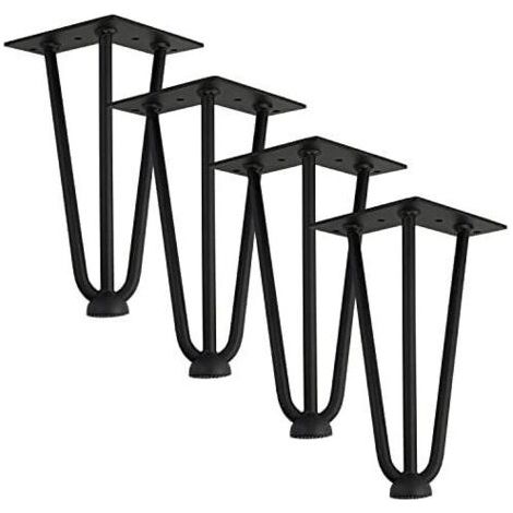 Qrity [Améliorer] Lot 4 Pieds de Table en épingle à Cheveux, 25cm Jambes en métal de Bricolage, Trois Barres de Fer, Plus Forte, avec vis et protecteurs de Sol