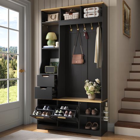 Vestiaire d'entrée avec meuble à chaussures et banc - 100 x 32 x 186 cm - porte-manteau de couloir moderne en bois et métal avec éclairage led app - noir (1/5)