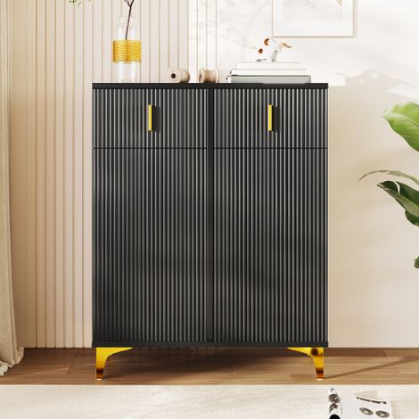 Élégant buffet/meuble à chaussures avec panneaux texturés, étagères réglables et décorations dorées, avec tiroirs. (1/5)