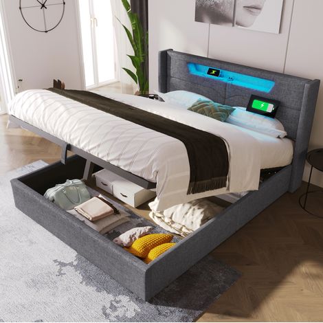 Letto con contenitore in tessuto lino grigio 140x200 cm con LED, USB e Type-C, rete a doghe inclusa (1/5)