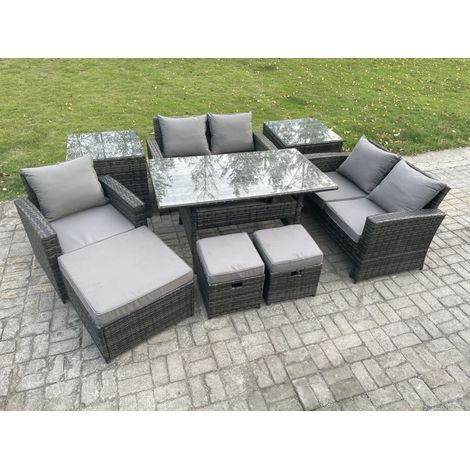 Fimous Ensemble de meubles de jardin en rotin  avec Table à manger rectangulaire DoppelsitzCanapé 2 Tables d'appoint 3 Repose-pieds Gris foncé mélangé (1/5)