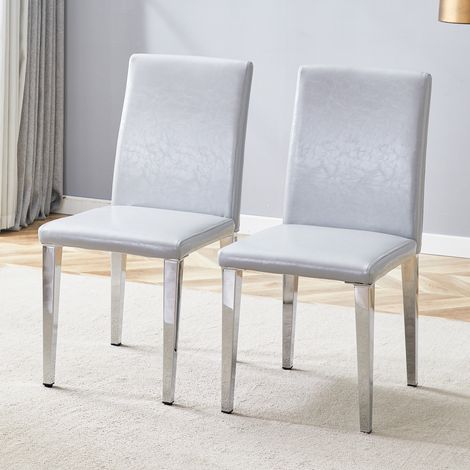 Lot 2 chaises de salle à manger minimalistes, style luxe européen gris argenté, revêtement en cuir PU texturé gris clair + pieds métalliques argentés, idéales pour salle à manger moderne et salon. (1/5)