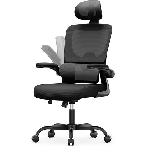 Fauteuil de bureau ergonomique noir – Accoudoirs rabattables 90° – Support lombaire adaptatif – Réglable en hauteur – Mousse haute densité