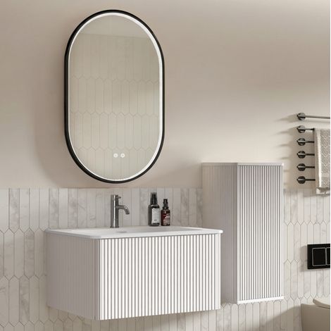 Mobile bagno con lavabo, colonna laterale e specchio LED, bianco DESVIAE (1/5)