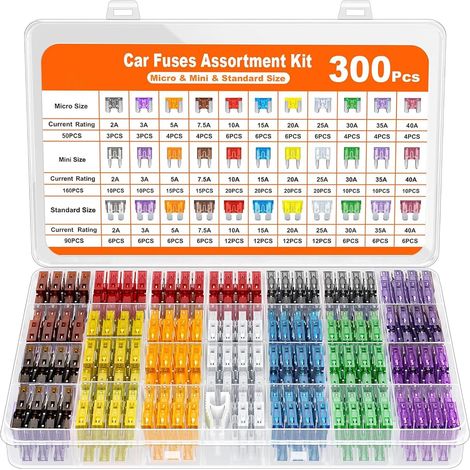 300 Piece Car Fuses Kit, Mini Car Fuses, Micro and Standard Fuses 2A 3A 5A 7.5A 10A 15A 20A 25A 30A 35A 40A with Box and Fuse Extractors for Auto, Motorcycle, Truck and Motorhome (1/5)