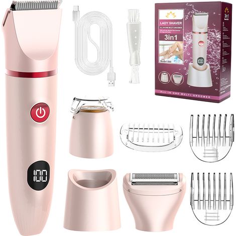 Rasoir Electrique Feminin Tondeuse précise pour visage et zones sensibles, Tondeuse à poils corporels pour visage, jambes, aisselles et zone pubienne,étanche, Écran LCD, Rose, 3 in 1