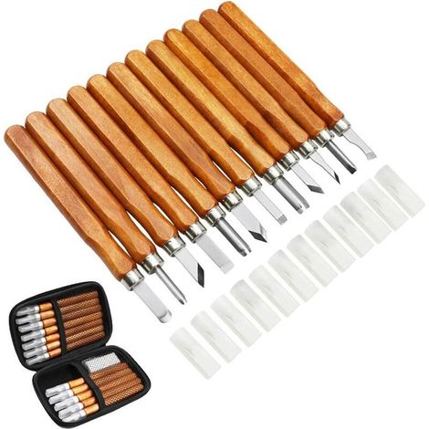 Kit de herramientas de tallado de madera de 12 piezas - Cinceles de tallado profesional Mango de cuchillo Tallado Experto Carpintero Principiantes con cubiertas protectoras (1/5)