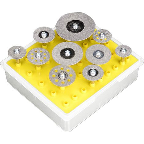10 pièces/ensemble meules de coupe diamantées avec disques de mandrin de 3mm jeu de lames de roue de coupe de remplacement pour boîte de rangement d'outils rotatifs Dremel (1/5)