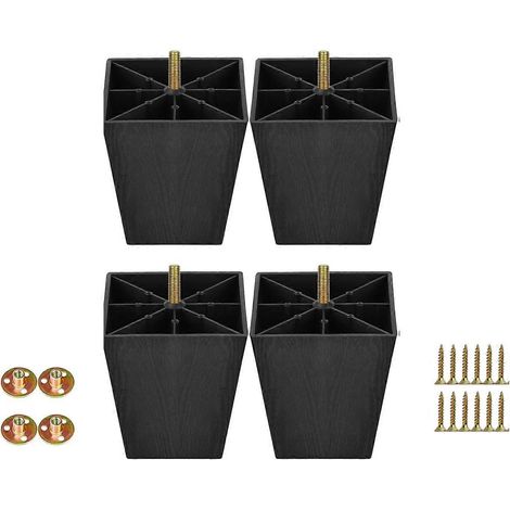 Lot de 4 pieds de canapé de 4 pouces avec vis, pieds de meubles carrés et fuselés, matériau plastique durable, compatibles avec les canapés, les chaises et les armoires, noirs. (1/5)