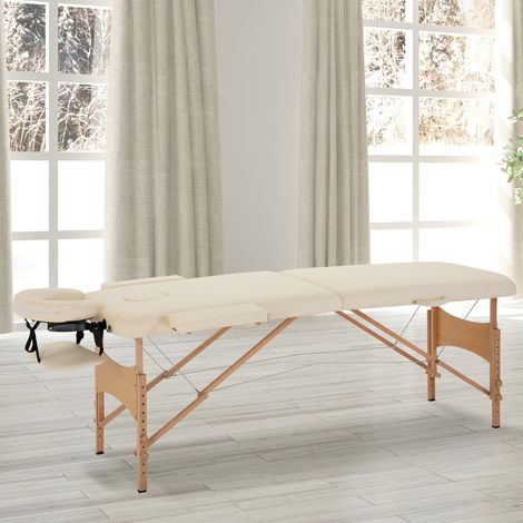 Camilla de masaje, camilla de masaje plegable, banco de masaje regulable en altura para spa, salón de belleza, piel sintética, madera, blanco crema. (1/5)
