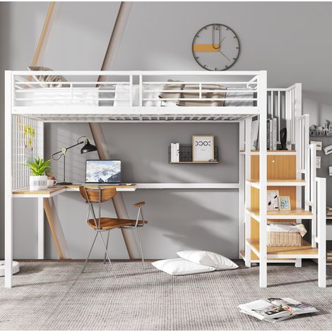 Lit mezzanine moderne 90x200 cm en métal et panneaux bois, blanc+naturel, avec armoire, bureau et escalier latéral (1/5)