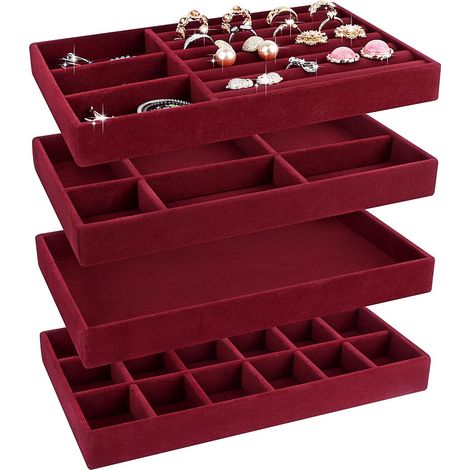 boîte à bijoux empilable avec séparateurs amovibles - 4 pièces - rouge - tissu floqué et panneaux mdf