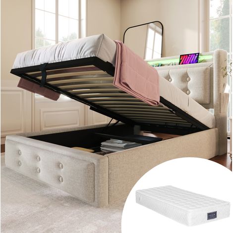 Letto singolo 90x200 cm beige in cotone e lino con materasso, LED, prese USB-C e contenitore (1/5)