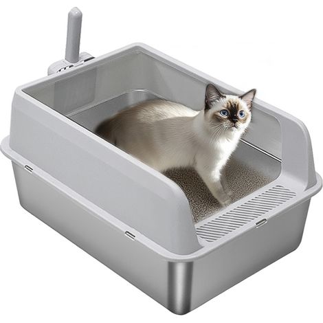 BingoPaw - Bac à Litière en Acier Inoxydable – Design Ouvert Hygiénique - Anti-Odeurs, Anti-Rayures, Grand Format - Avec Pelle et Grille Anti-Tracking