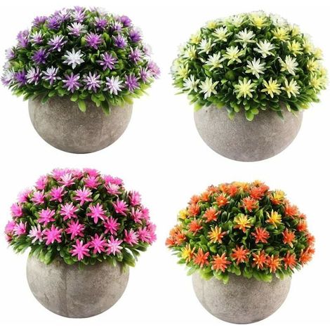 Lot de 4 Petites Plantes Artificielle des Fleurs avec Pot,Intérieur Exterieur pour Déco.(Orange+Rose+Jaune+Violet) (1/4)