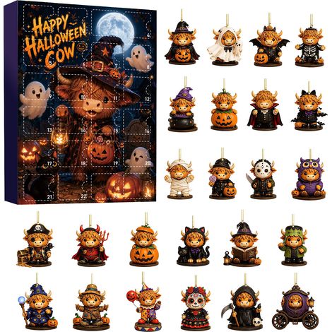 Halloween Ghost Dog Highland Cow Countdown Blind Box Pumpkin Cat Witch Pattern Acrylic Keychain Set GJ886-03 (Clown Cow)