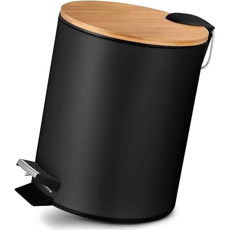 5L Poubelle Salle Bain Poubelle à Pédale avec Fermeture Souple Poubelle à cosmétiques au Design Élégant avec Couvercle en Bois de Bambou Noir (1/4)