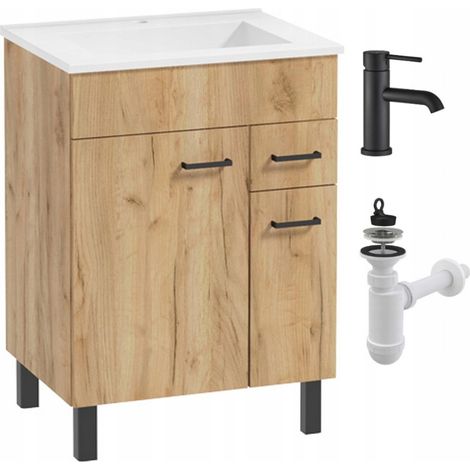 Badezimmer-Waschtisch mit Waschbecken – 60 cm – Braune Eiche – Schwarze Armaturen – Waschtisch