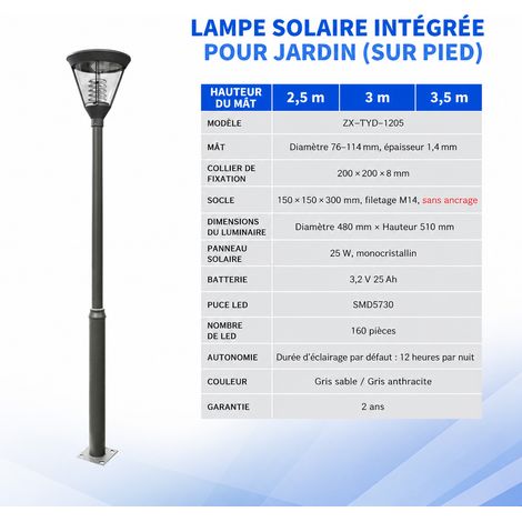 Lampadaire solaire d'extérieur 3 m modèle A en acier galvanisé IP65 3 réf 8959 25 kg – Livraison gratuite