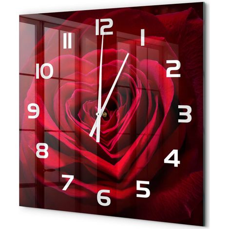 Grande Horloge Murale Carrée Décoration Murale Verre Trempé Design Artistique Cœur de rose rouge 60x60 cm (1/5)