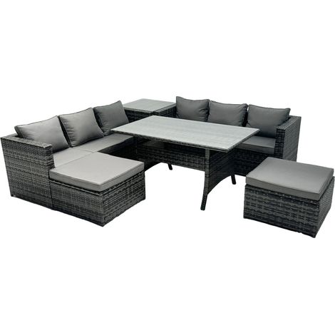 Fimous Outdoor Dining Table Sofa Set with Side Table Big Footstool Garden Furniture Set Dark Grey Mixed (1/5)
